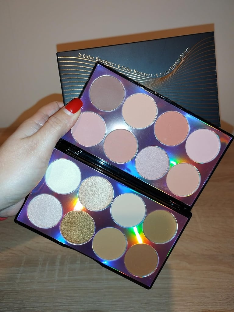 16-color contour palette with blush, highlighters, and bronzers, suitable for all skin tones 