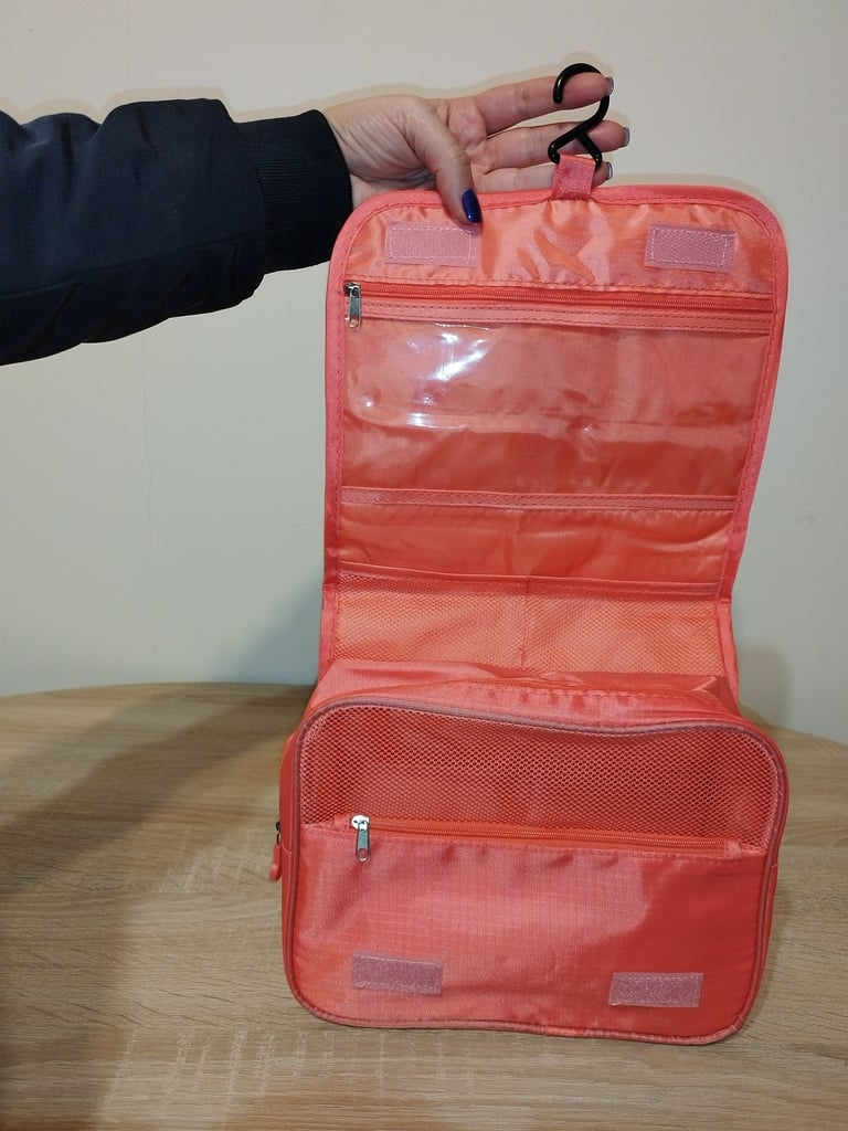 Waterproof hanging travel toiletry bag with multiple compartments and hook, for men and women