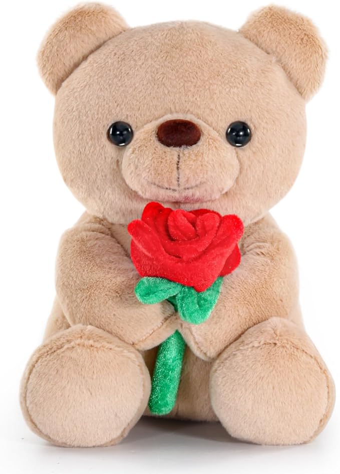 Brown teddy bear with a red rose, made of soft polyester fiber and plush,  for Valentine's Day