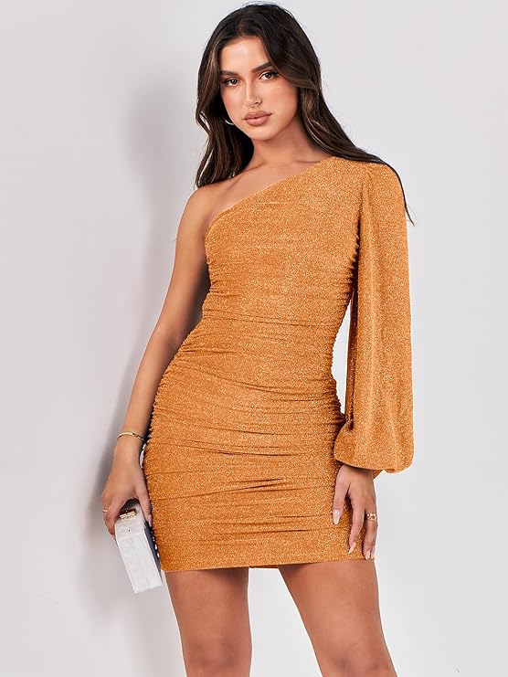 One-shoulder glitter bodycon mini dress for women, featuring a puffed sleeve, ruched bodice