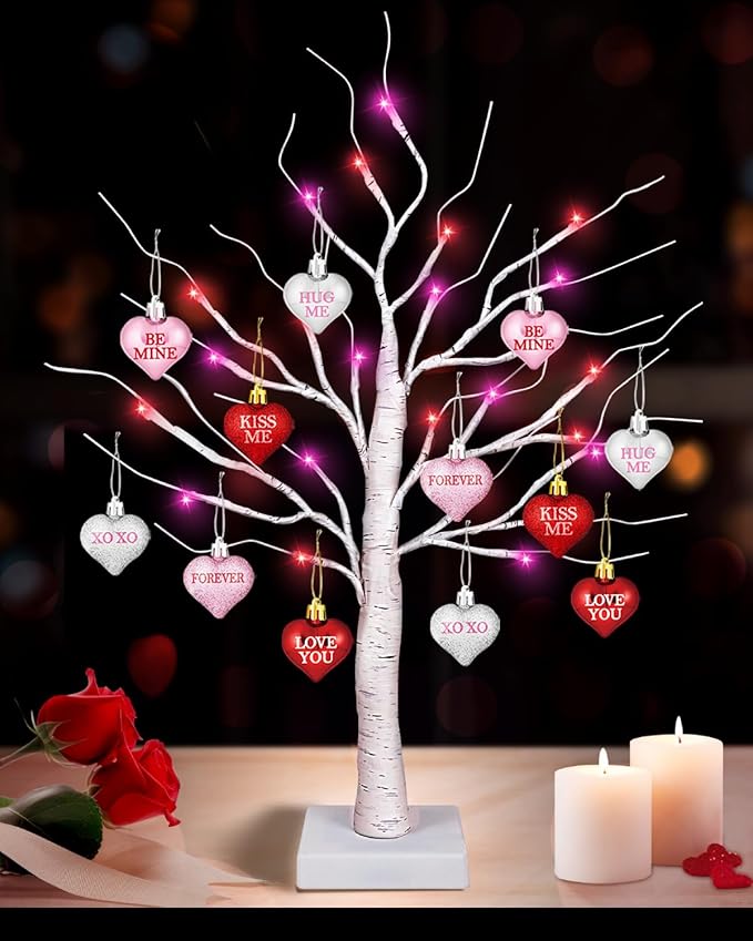 Valentine's Day lighted birch tree with 12 heart ornaments, featuring adjustable branches and a time