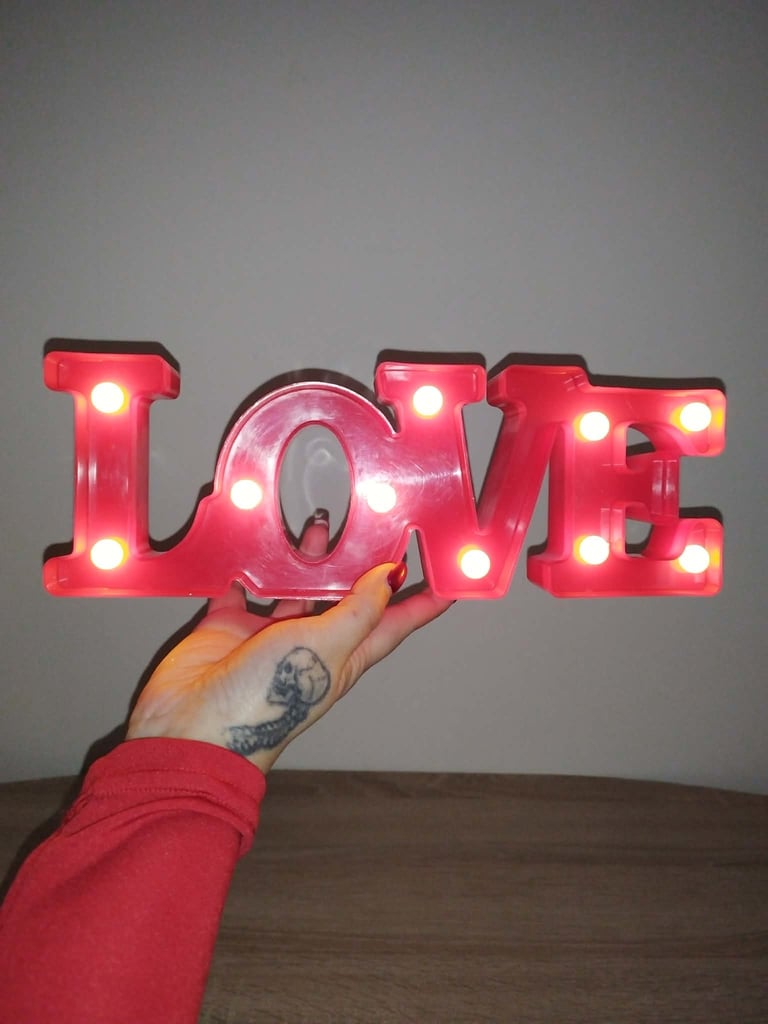 Red LOVE LED marquee light with warm yellow glow, Valentine’s Day decorative letter light for home 