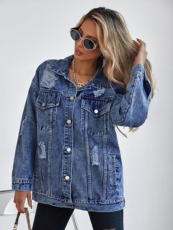Oversized ripped distressed denim jacket with a relaxed boyfriend fit—perfect for layering  casual