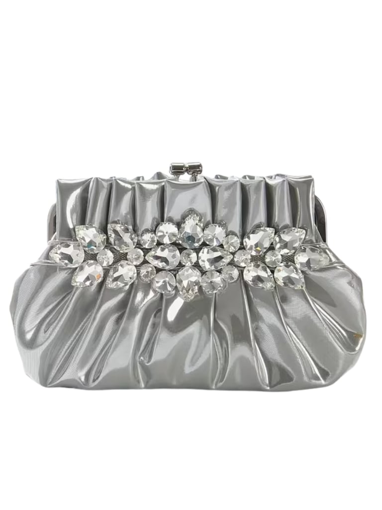 Silvery Glossy Pleated Evening Bag – Rhinestone PU Clutch with Detachable Straps