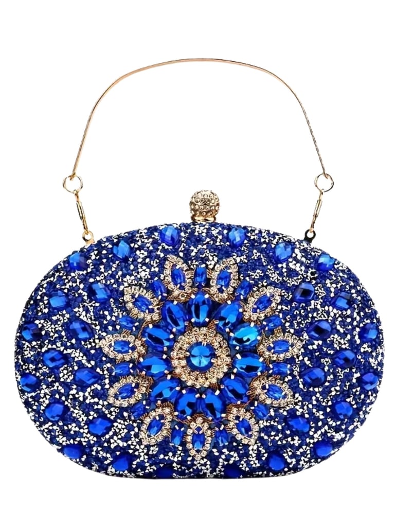 Rhinestone Flower Evening Bag – Blue Glitter Clutch for Weddings & Parties
