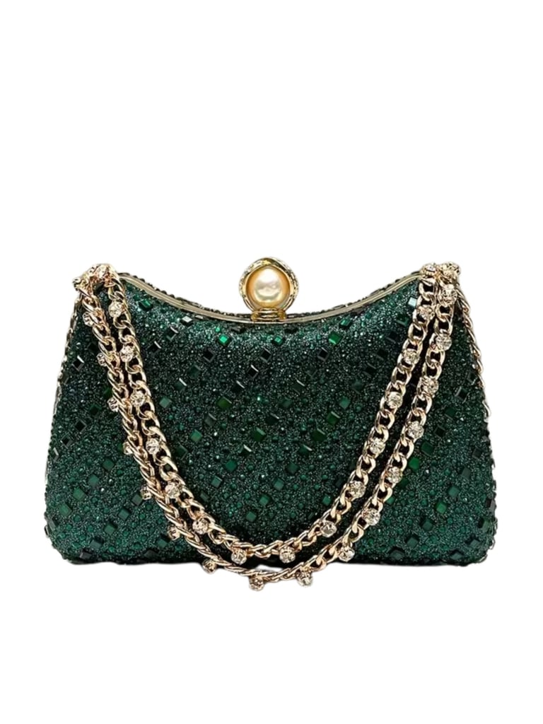 Luxurious Green Rhinestone Evening Clutch with Detachable Chain Strap