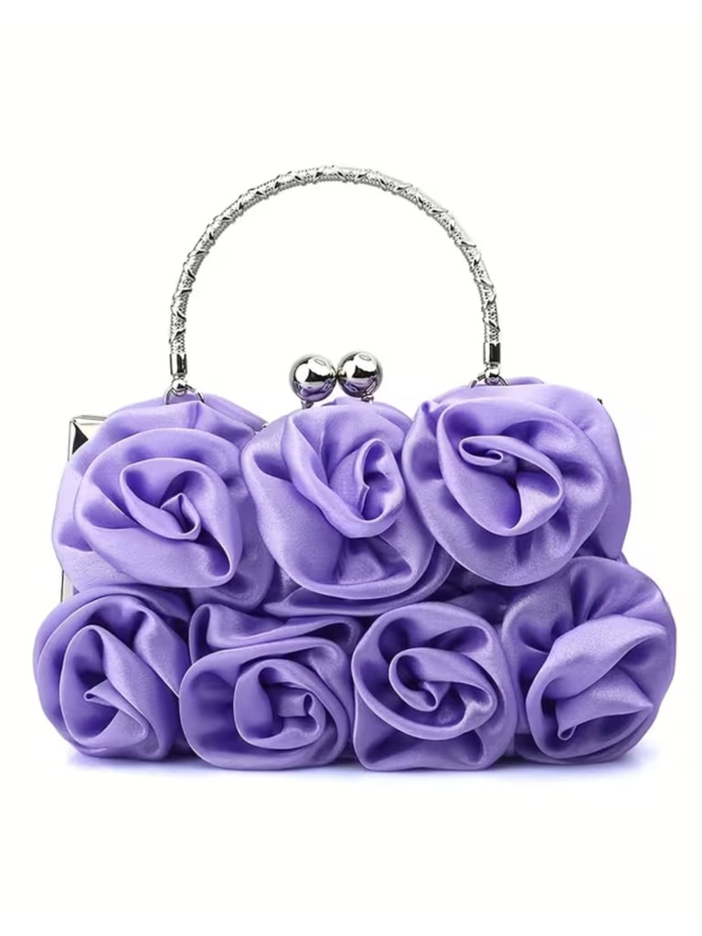 Elegant Violet Floral Fabric Clutch with Kiss-Lock Closure