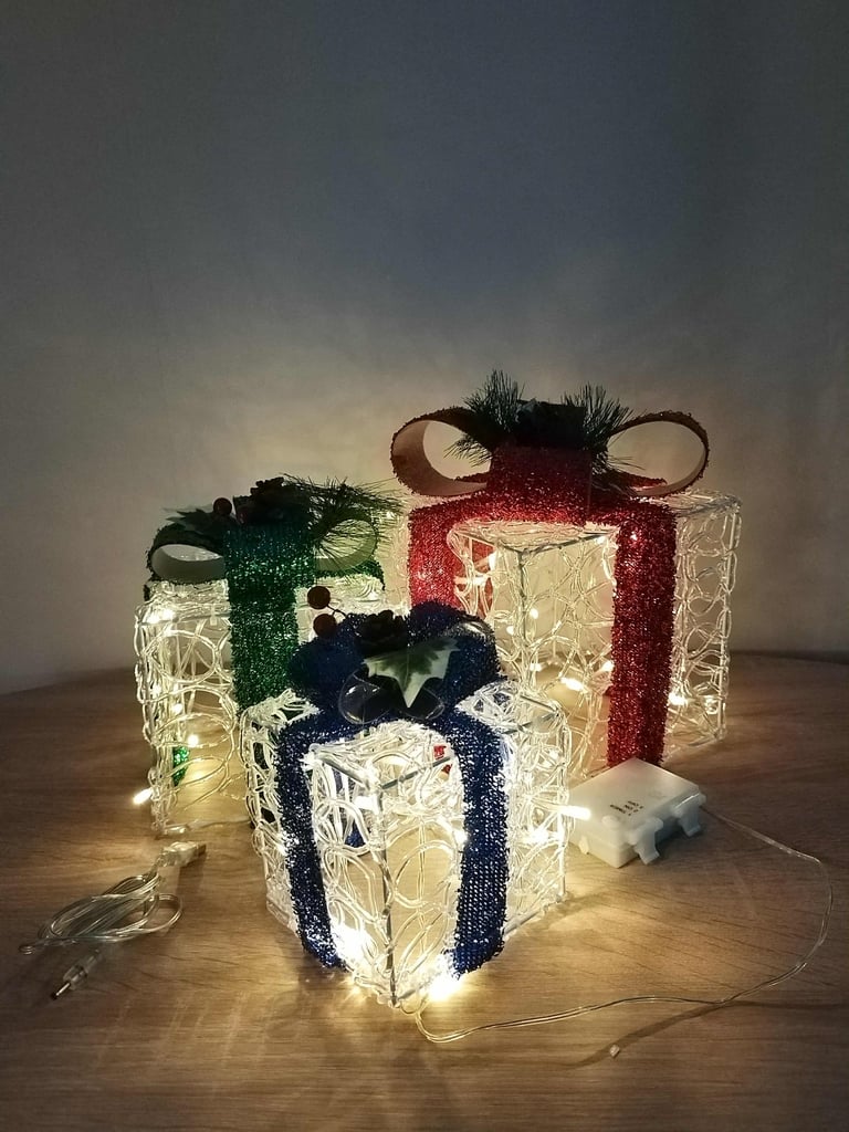 set of 3 light-up Christmas present boxes in red green blue for indoor outdoor holiday decoration 