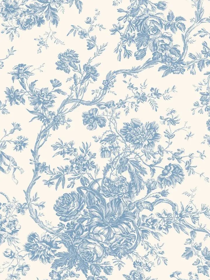 Toile de Jouy floral bleu ciel sur fond blanc