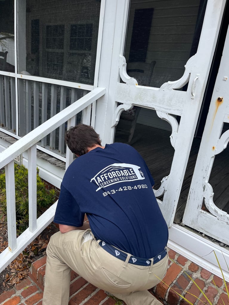 Durable, weather-resistant screen doors installed on a coastal property in Pawleys Island
