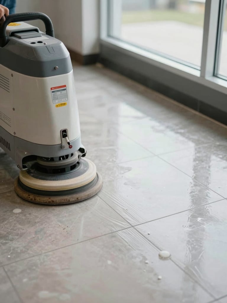 Close-up overhead shot of a commercial floor restoration in progress in a Brevard County office building, floor buffer machine visible on the left, fresh polish lines across a wide tile floor under soft natural daylight from a high window