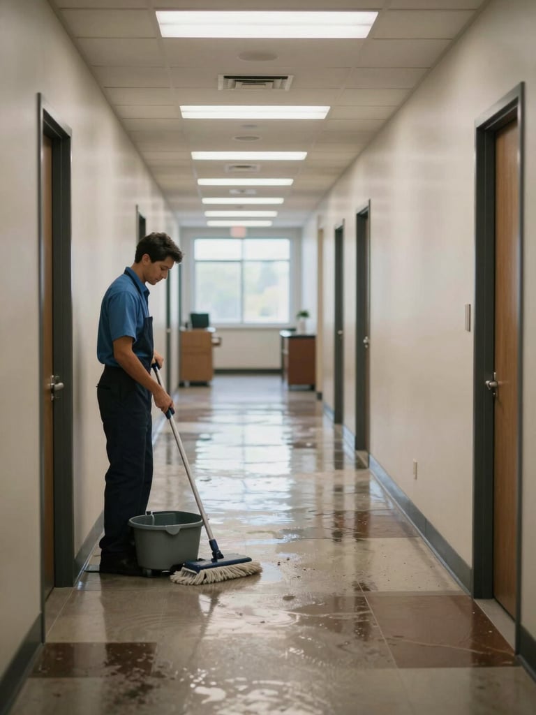 Wide environmental shot looking down a commercial office corridor, a janitor's mop bucket and wringer parked to the left, freshly mopped floors still damp under cool overhead fluorescent light, empty office beyond, Brevard County business interior, soft overcast daylight from windows at the far end