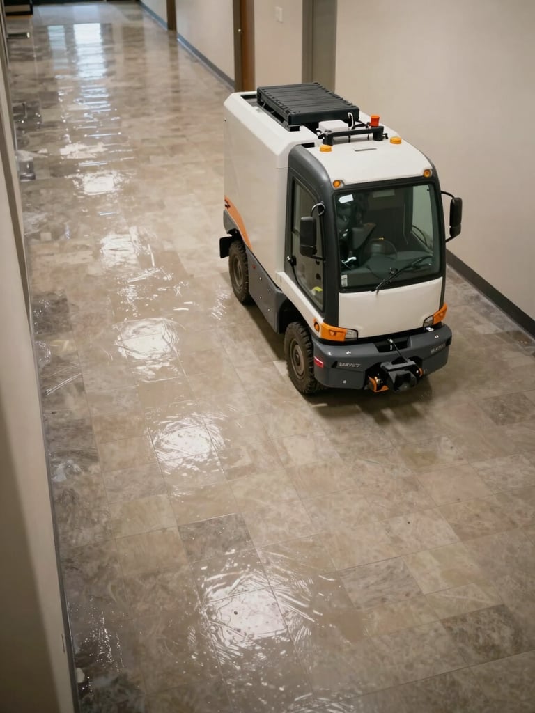 Overhead documentary shot of a commercial floor restoration in progress, a wide-area buffer machine moving across a VCT tile floor in a Brevard County office hallway, wet sealant visible reflecting overhead fluorescent light, warm neutral tones, no people in frame