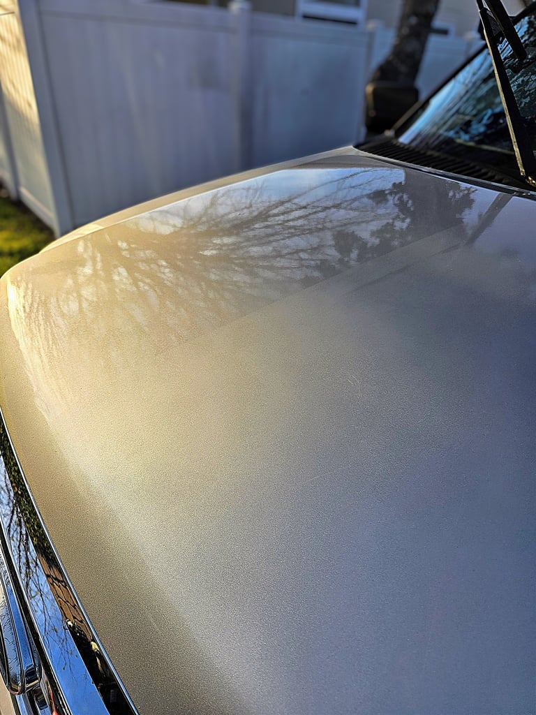 A truck hood showing polishing paint correction results