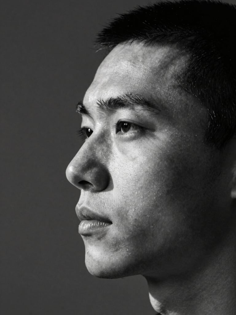 Close environmental portrait, photographer's face in three-quarter profile, directional north-light casting a precise shadow across one side, dark neutral studio background, high-contrast black and white, tight crop below chin
