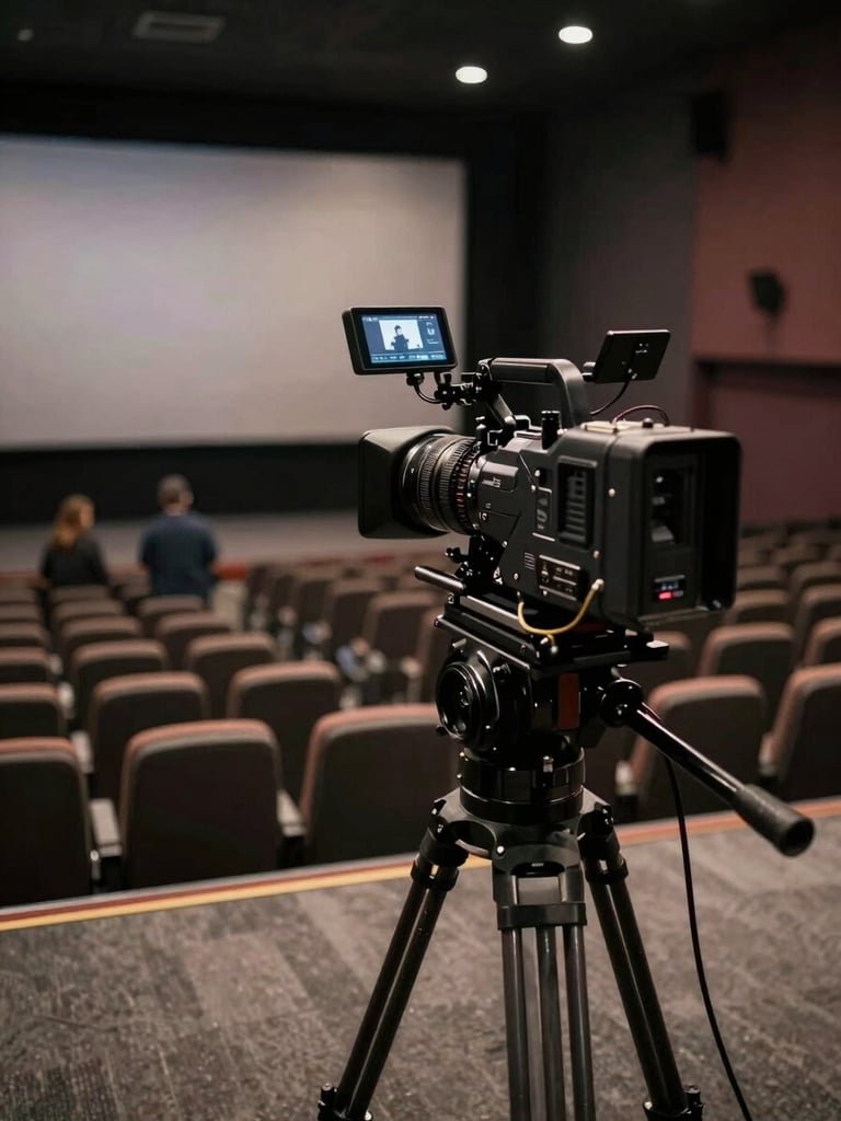 Wide shot from behind a cinema camera on a location set, directional key light visible in the far background illuminating an empty chair, crew absent, the frame breathes with pre-shoot anticipation, cinematic 2.39:1 atmosphere