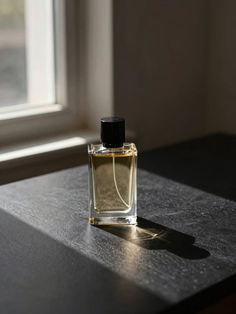 Product still life on a matte black surface, single north-light window illuminating a perfume bottle from the left, deep shadow trailing right, highly controlled studio environment