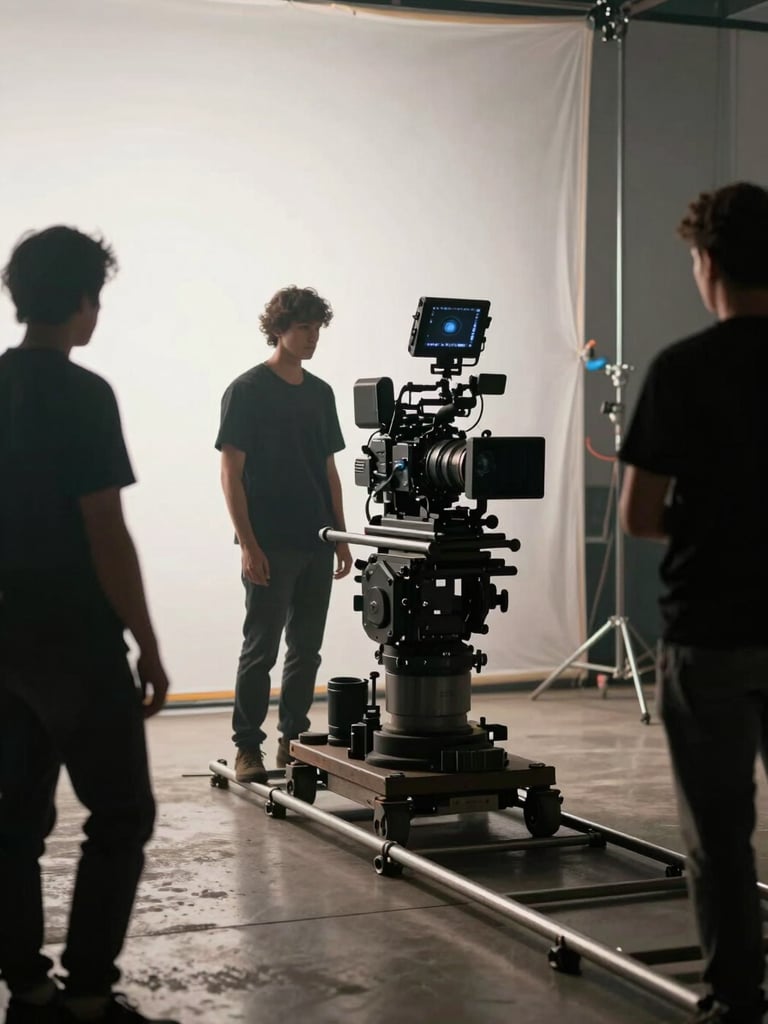 Wide establishing shot of a film production set, camera rigged on a dolly track, directional key light striking a subject from camera-left, crew in silhouette at the periphery