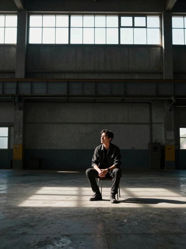 Environmental portrait of a single figure seated in a vast industrial space, dramatic side-lighting from a high window, deep tonal contrast, wide shot with generous negative space above