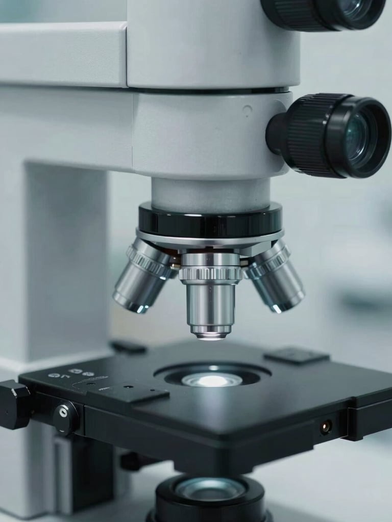 Extreme close-up of high-magnification laboratory instruments in a sterile Bangalore facility, cool desaturated slate gray lighting