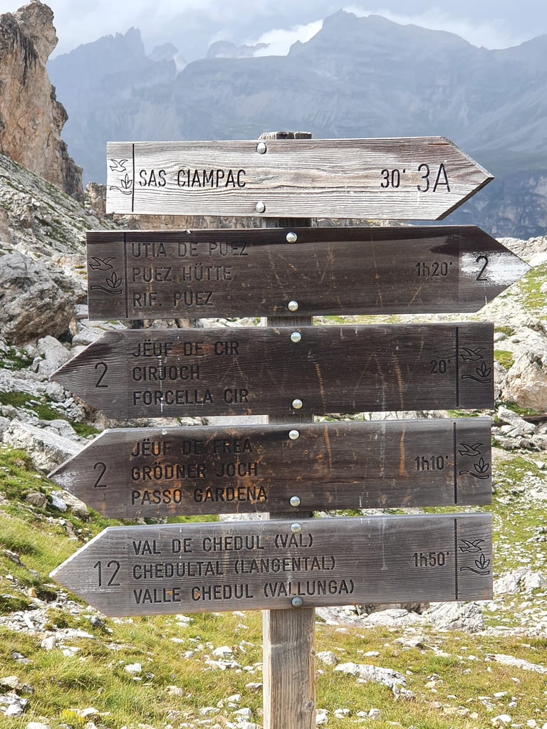 Wooden hiking trail signs in the Dolomites pointing towards Sas Ciampac and Passo Gardena.