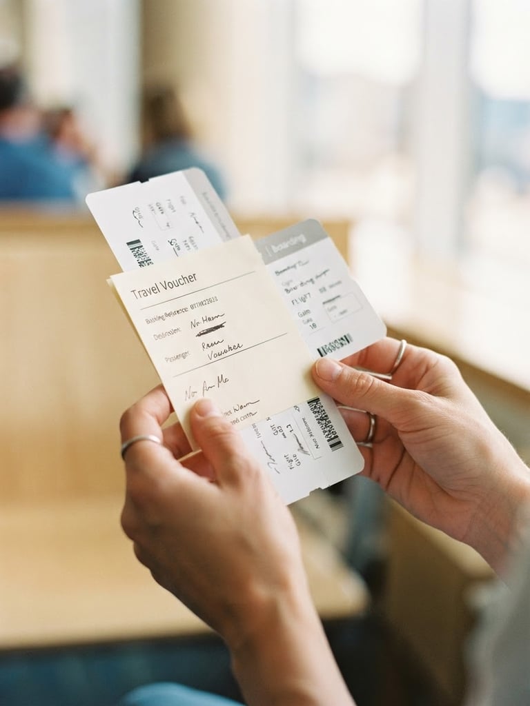 A close-up of hands holding a travel voucher and tickets, bright natural daylight, warm friendly tones, 35mm