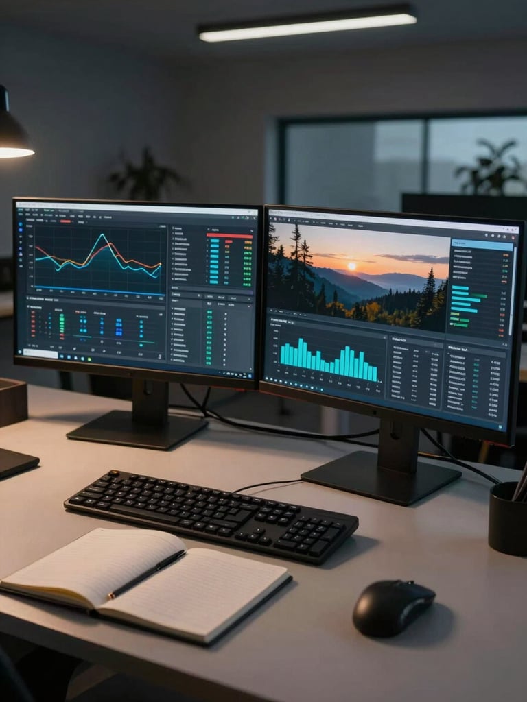 Wide environmental shot of a dual-monitor creator workspace at pre-dawn, analytics dashboard glowing on screen, keyboard and notebook in foreground, cool studio lighting, overhead angle, no people visible