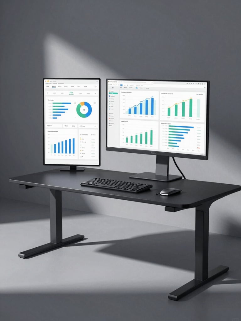Wide environmental shot of a minimal standing desk workspace, dual monitors displaying analytics dashboards with performance graphs, overhead studio lighting casting sharp shadows, cool-toned, no people, clean dark desk surface with a keyboard and notebook
