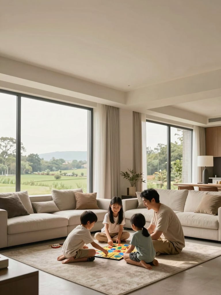 Interior of a modern, airy living room with large windows overlooking a green landscape, a family (parents and two children) playing a board game on a rug, warm neutral tones, soft natural light.