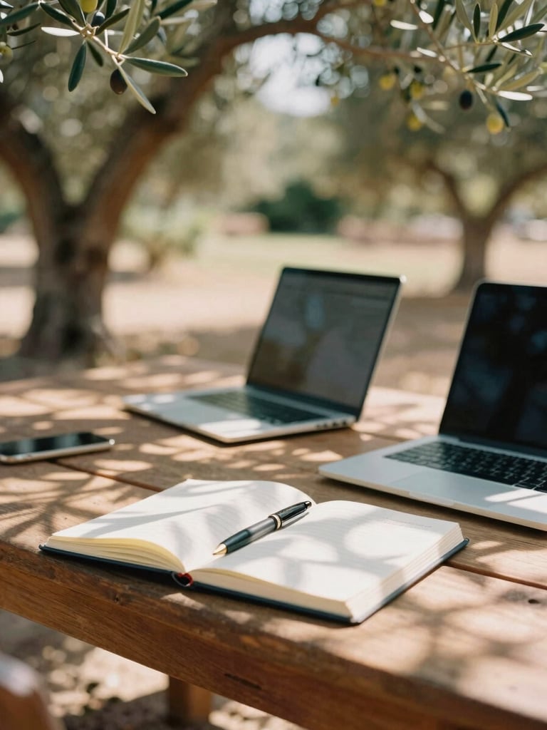 A long wooden table under an olive grove pergola in the sun, with open notebooks, fountain pens, and modern laptops, warm Mediterranean light, soft focus, 35mm film.
