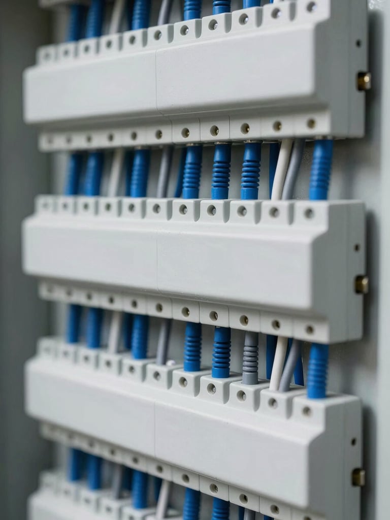 Close-up of a neatly organized electrical distribution board with clean blue and slate gray wires, sharp focus, technical precision.
