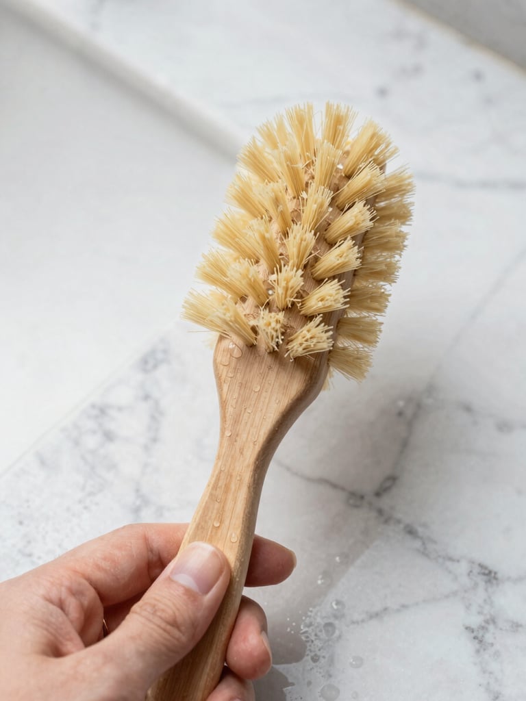 Overhead macro shot of a hand holding a solid beechwood dish brush, natural light reflecting off wet marble tiles, water droplets, crisp editorial photography.