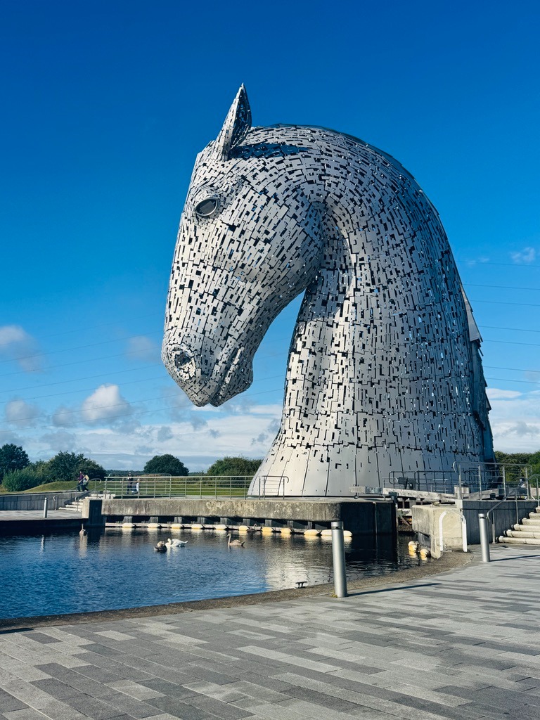 The Kelpies Horse statues. Duke looking down
