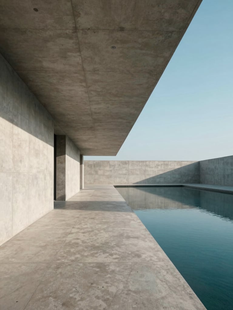 Minimalist concrete breezeway with morning sun casting sharp geometric shadows, calm pool water reflecting cyan sky on the right, architectural clean lines, wide angle portrait shot.