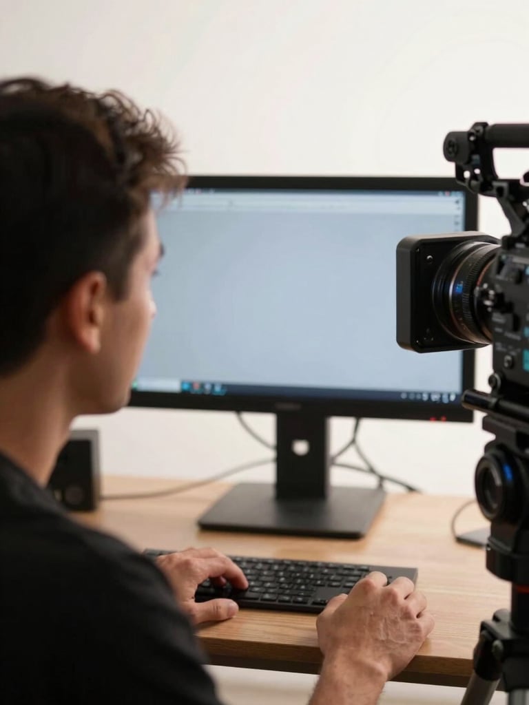 Over-the-shoulder view of a director leaning toward a monitor in a working studio, available light from the left, footage visible on screen, camera rig partially in frame at the right edge, hands resting on the desk, no posed elements