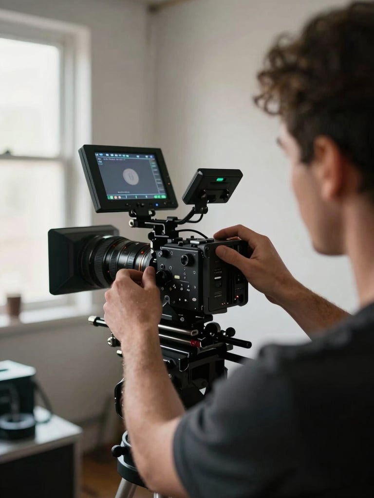 Over-the-shoulder view of a director adjusting camera rig settings in a compact studio space, hands on the equipment, monitor glow reflecting on forearms, available light from a side window, no posed expression