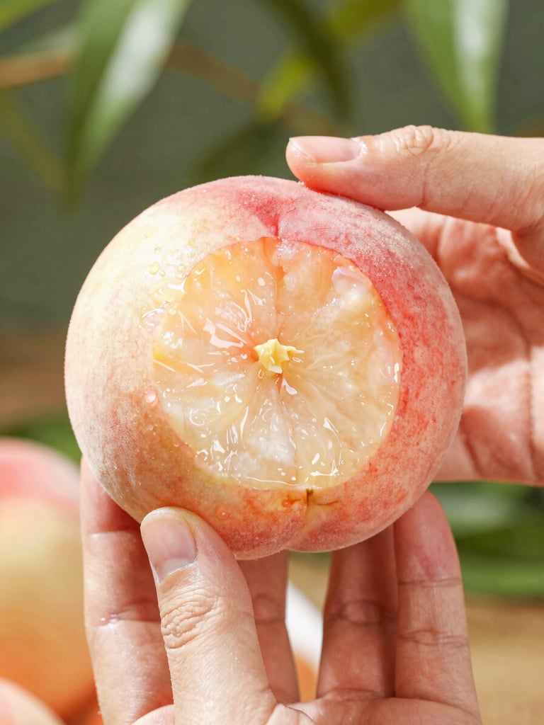 Macro shot of clean hands holding a single perfect sliced heritage peach, bright natural daylight, glistening textures, 50mm lens