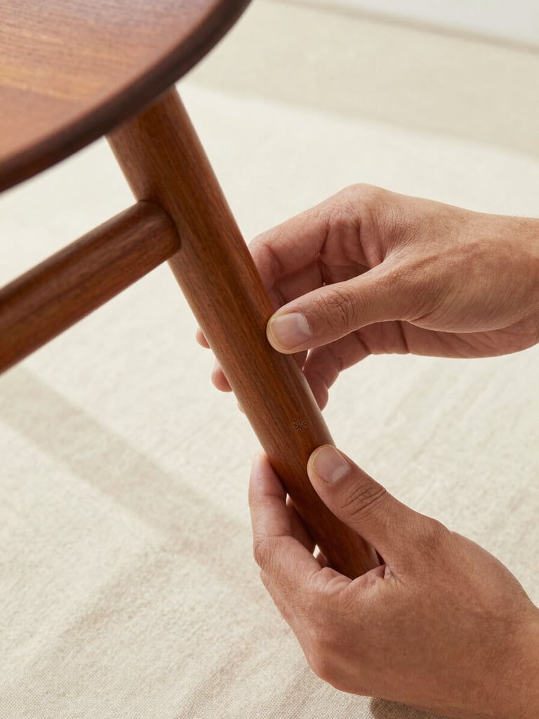 Close overhead view of hands in natural north-facing light carefully inspecting the underside of a mid-century wooden chair leg, examining a maker's mark, sparse cream linen surface beneath, no props