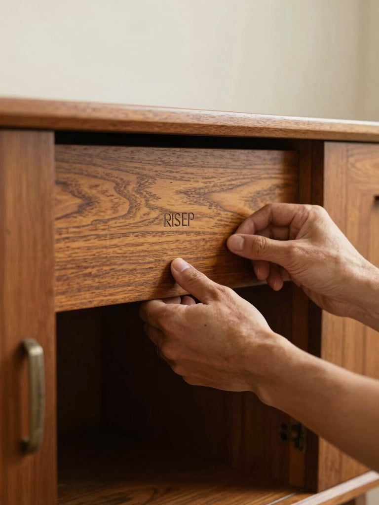Close-up documentary shot of hands examining the underside of a mid-century wooden sideboard, checking maker's mark on the back panel, soft diffused studio light, neutral warm background, inventory-style framing, no styling