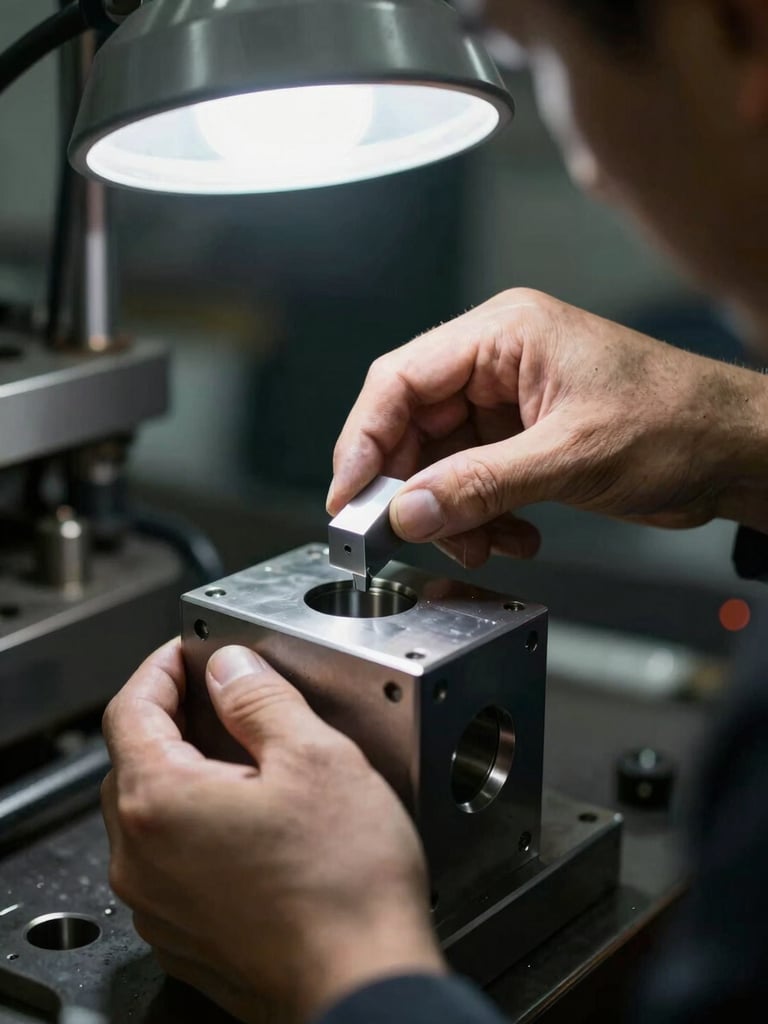 Close-up of a worker's hands inspecting a freshly plated metal component under high-contrast industrial light, showing micron-precision finish, cool metallic tones, with facility machinery blurred in the background.