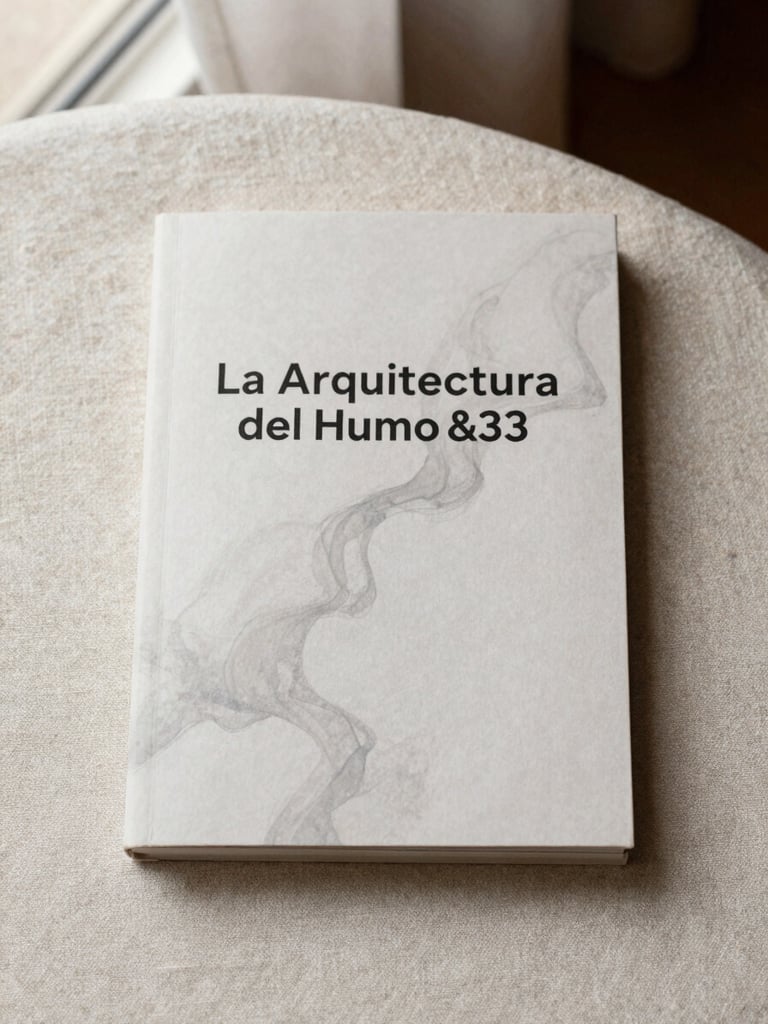 A minimalist book cover design with a subtle smoky abstract pattern, titled 'La Arquitectura del Humo', resting on clean linen fabric, warm editorial aesthetic, portrait aspect
