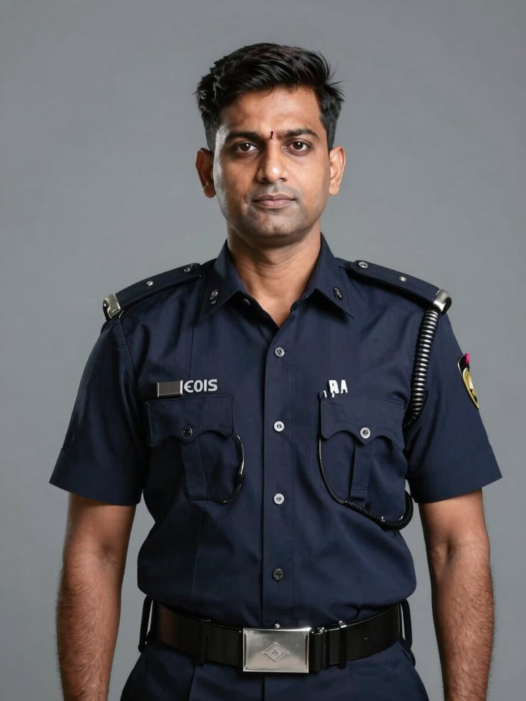 A professional Indian security officer in a clean, branded navy uniform, standing at eye-level with a disciplined posture, cool high-contrast studio lighting, neutral background.