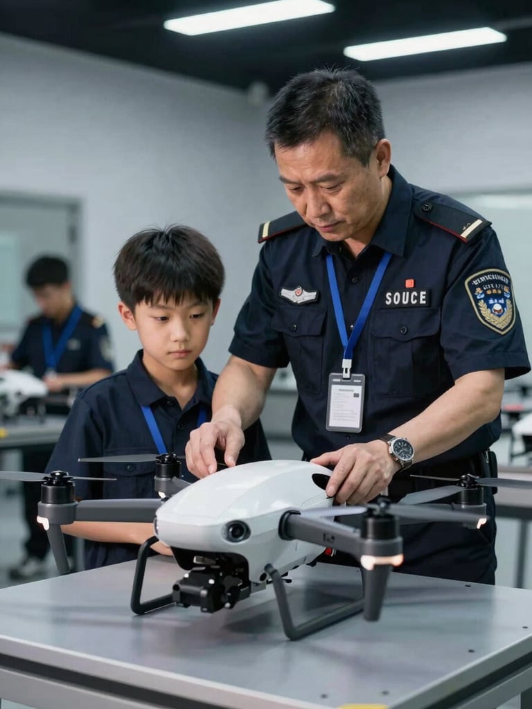 A veteran security instructor guiding a young drone operator in a structured training facility, high-contrast cool lighting, professional atmosphere.