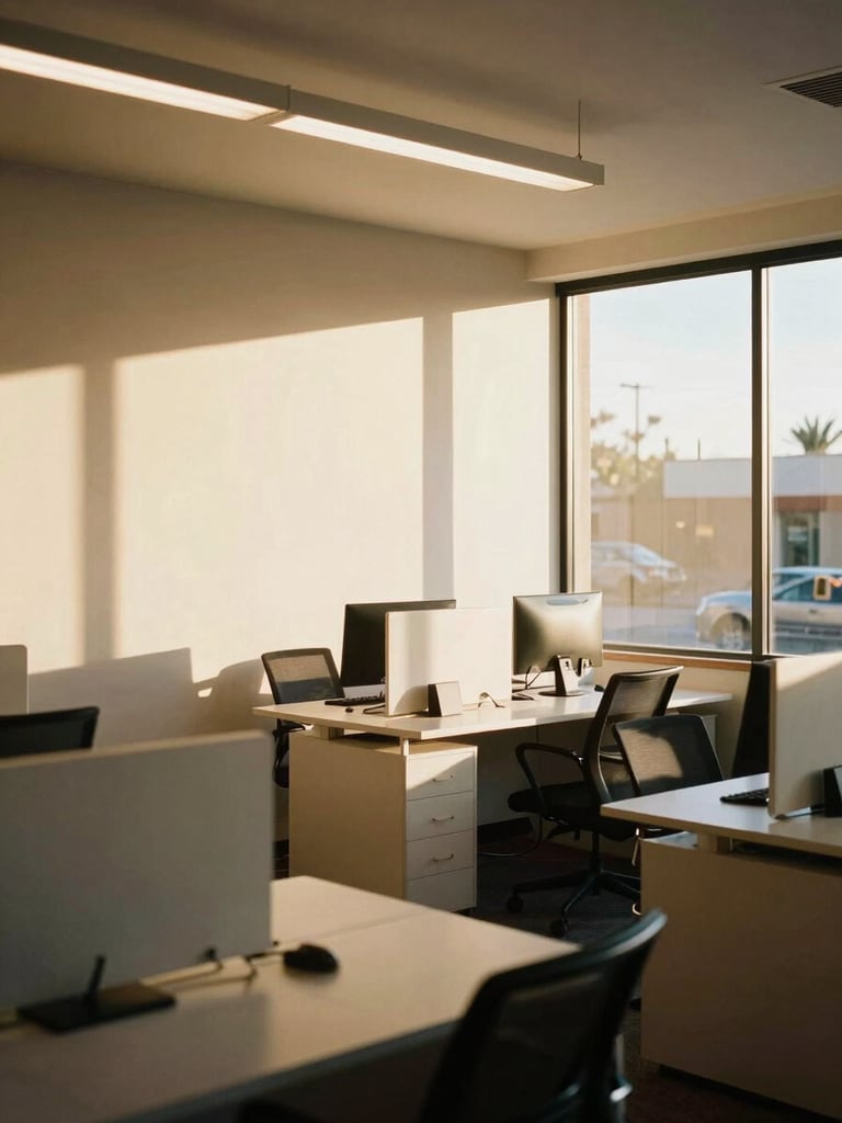 Warm editorial photography of a modern office interior on Pennington Street in Tucson, bright Arizona golden-hour light illuminating clean desks and sand-toned walls, 35mm