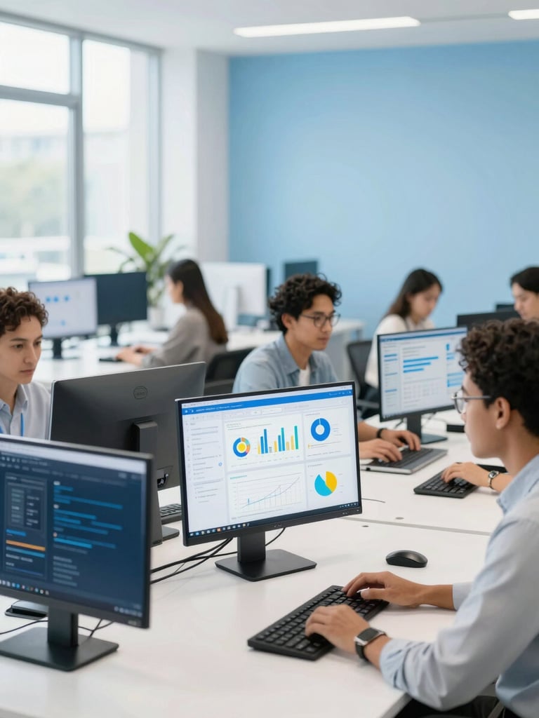 Clean, architectural shot of a modern workspace with a diverse team collaborating, displaying analytics dashboards on sleek hardware, bright natural daylight, crisp white and sky blue tones, 50mm lens, shallow depth of field.