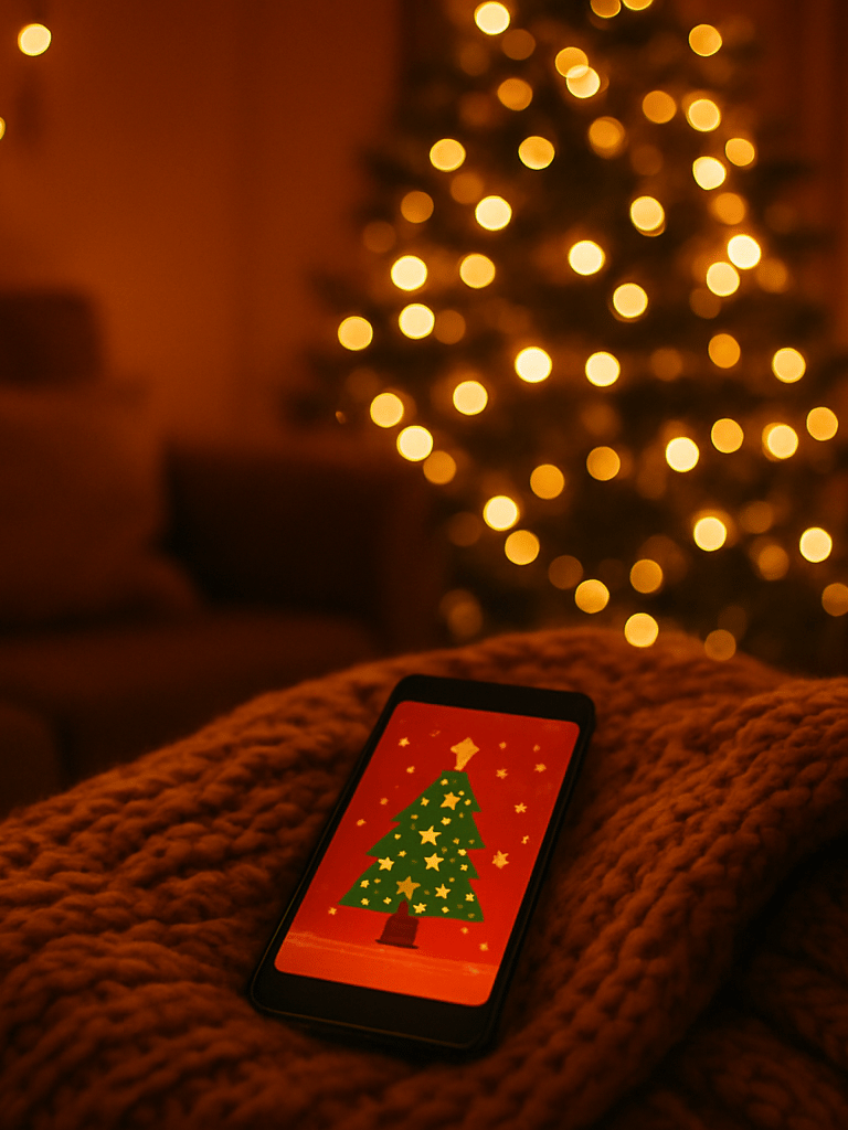 Cozy living room illuminated by the warm amber glow of holiday lights, a smartphone displaying a festive app interface rests on a thick knitted blanket, soft-focus Christmas tree in the background, warm cozy photography, shallow depth of field, 35mm film.