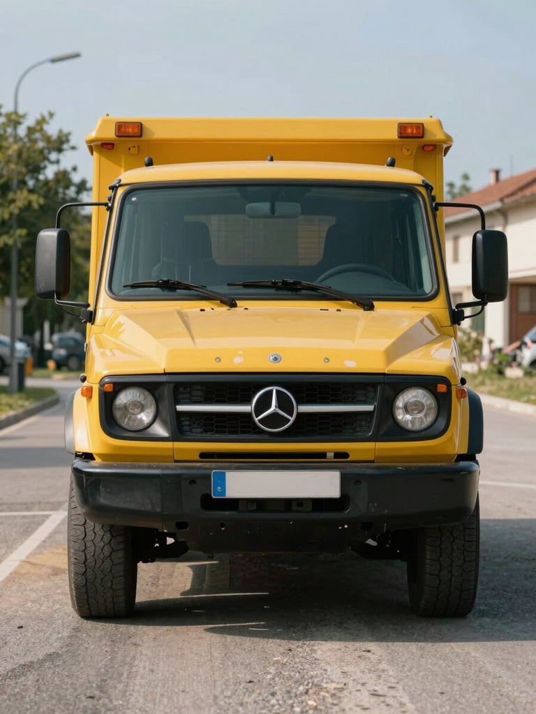 Inquadratura frontale del carroattrezzi giallo parcheggiato nel piazzale ordinato dell'autodemolizione a Nettuno, luce diurna naturale.