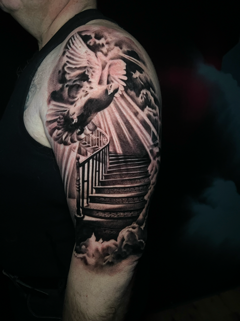 way to heaven tattoo and stairs realism tattoo