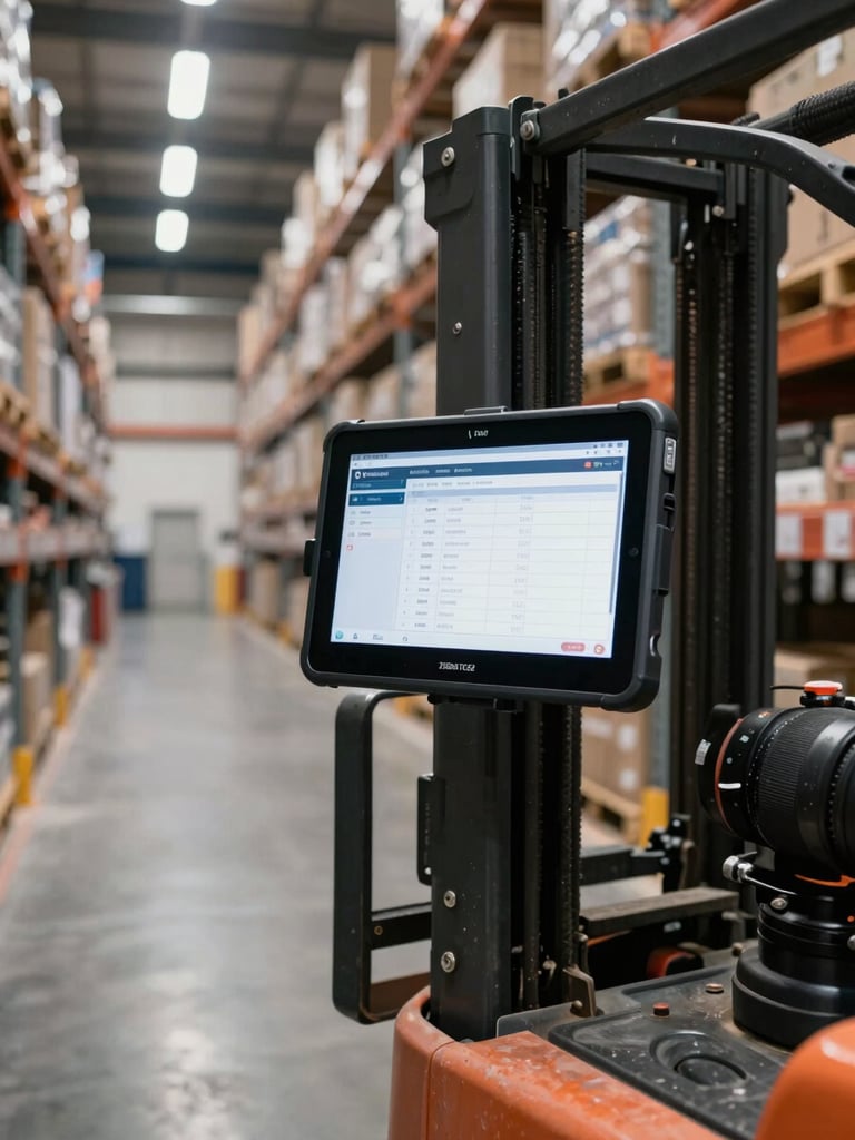 Wide environmental shot inside a working warehouse, a Zebra TC52 Android tablet mounted on a forklift arm displaying a live inventory count screen, tall shelving rows receding into the background, bright fluorescent overhead lighting, no people in frame