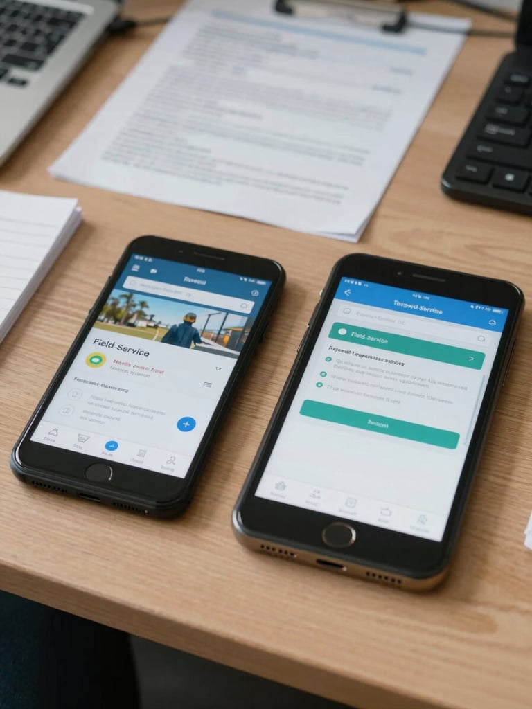 Wide overhead shot of a logistics office desk with two Android devices running field-service apps side by side, technical documentation visible in background, documentary even lighting, no people